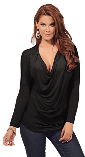 Women's Draped Cowl Neck Long Sleeve Soft Stretch Knit Casual Blouse Tunic Top