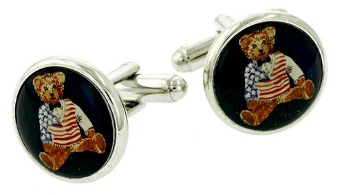 Silver plated patriotic teddy bear cufflinks. Made in the USA