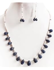 Exclusive Natural Graceful Pearl & Sapphire Drops Beaded Necklace with Free Earrings