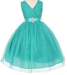Girls V-neck Ruched  Tea Length Satin/Tulle  Dress With Rhinestones and a Sash 