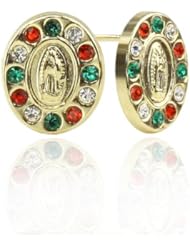 14K Yellow Gold Red and Green Our Lady of Guadalupe Stud Screwback Earring with Screw Back For Girls