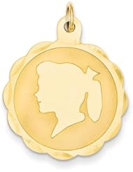 14k Yellow Gold Girl Head on .013 Gauge Engravable Scalloped Disc Charm Pendant