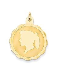 14k Yellow Gold Girl Head on .011 Gauge Engravable Scalloped Disc Charm Pendant