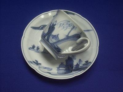 春景山水絵柄コーヒー碗皿セット！落ち着きのある染付けシンプルデザイン！