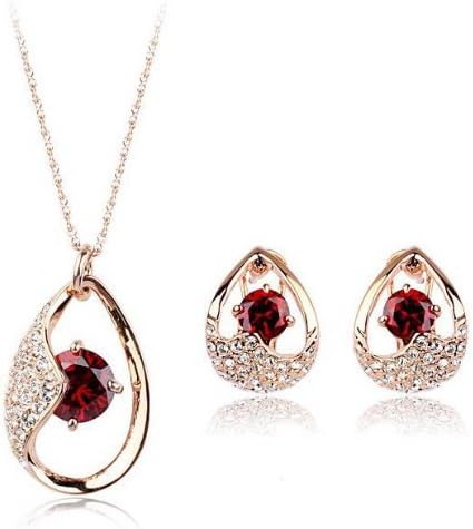 July Birthstone Authentic Austrian Red Crystal Ruby 18K Gold Plated Water Drop Charm Pendant Necklace Earrings Jewelry Set for Women Girls