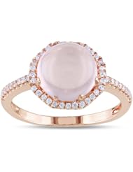 Rose Rhodium Plated Sterling Silver Round Rose Quartz and Cubic Zirconia Ring