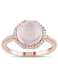 Rose Rhodium Plated Sterling Silver Round Rose Quartz and Cubic Zirconia Ring