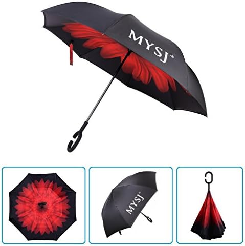 Innovative New Reverse Umbrella, Double Layer Inverted Umbrella, Mysj Creative Cars Reverse Umbrella Straight Waterproof And Self Standing Inside Out Compact Travel Umbrella With "C" Handle (Carmine)
