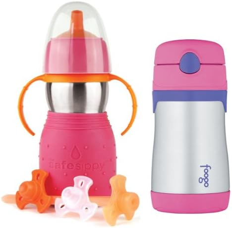 The Safe Sippy 2 2-in-1 Sippy to Straw 11oz Bottle, Pink with Thermos Foogo 10oz Straw Bottle, Pink