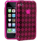 Hot Pink Candy Checkered Hard Silicone Gel Skin with Circle Design Cover Case for Iphone 3G 3GS
