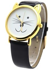 Lovely Cat Face Shape Dial Alloy Faux Leather Watch Black