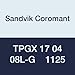 Sandvik Coromant TPGX 17 04 08L-G 1125 Carbide Counterbore Insert for Deep Hole Machining, Peripheral and Center Insert Grade 1125 for All Materials, 10.3 mm Inscribed Circle (Pack of 10)