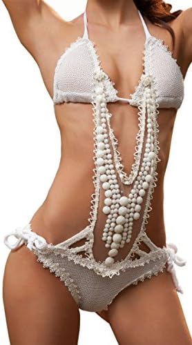 Maggie May Swimwear Women's Boho Chic Pearl Brazilian Monokini M White/Gold
