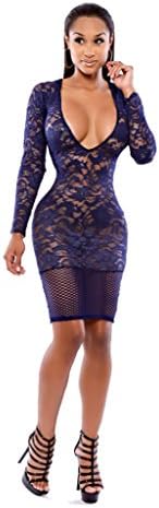 iOiOSTYLE Women's Clubwear Sexy Long Sleeve Lace Bodycon Party Dress Large Blue