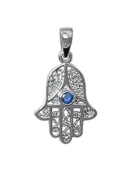 Sterling Silver Blue Cubic Zirconia Fatimas Hand Myriam cut out Khamsa Pendant