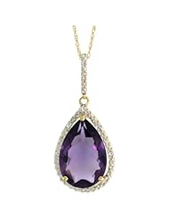 10k Gold Teardrop Pendant w/ Brilliant Cut Diamonds & Pear Cut (15x10mm) Amethyst Stone, w/ 18 in. Thin Singapore Chain