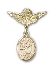 14K Gold Baby Badge with St. Mark the Evangelist Charm and Angel with Wings Badge Pin