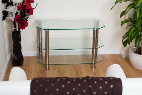 Clear Glass/stainless Steel Legs Tv Stand-ashley Tv Unit-we Deliver To Main Land UK, Exceptions Channel Islands, Scotish Highlands And Ireland.
