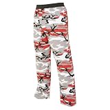 Review   / Bright Red,Black and White Camouflage Cammo Novelty Print Jersey cotton pants for lounging, sleep, sports. Unisex relaxed fit, available in 5 Adult sizes, exposed elastic waist