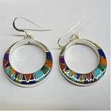 Southwest Sterling Silver Circular Earrings with Turquoise, Coral, Lapis, and Other Semi Precious...