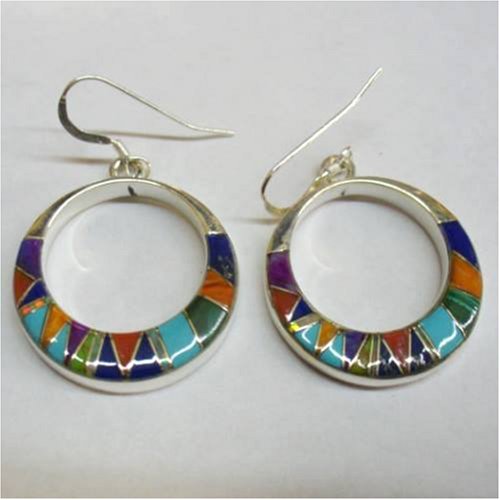 Click here to buy Southwest Sterling Silver Circular Earrings with Turquoise, Coral, Lapis, and Other Semi Precious....