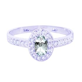 14K White Gold Petite Oval Gemstone and Diamond Engagement Ring-Aquamarine,... by