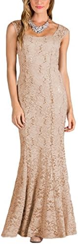Evening Envy Women's Floor Length Mermaid Open Back Sequin Lace Formal Dress Nude S (22559)