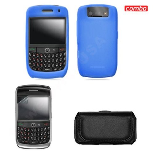 Blackberry Curve 8900 Javelin Combo Trans. Dark Blue Silicon Skin Case Faceplate Cover + LCD Screen Protector + Black Horizontal Leather Pouch for Blackberry Curve 8900 Javelin
