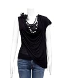 Ladies Black Double Layered Sheer Unbalanced Scoop Neck Top with Necklace
