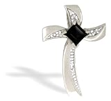 14K White Gold Genuine Square Black Onyx and Diamond Cross Pendant