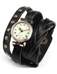 KANO BAK(TM)Black Color Punk Lady Women Man Boy Unisex Wrap Around Bracelet Long Leather Quartz Gift Watch