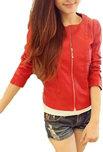 ShanMou Women's Body Fit Short Casual PU Leather Jackets 705(Red,Medium)