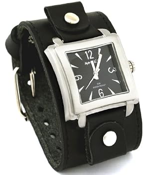 Nemesis #LBB025K Men's Square Premium Wide Leather Cuff Band Watch