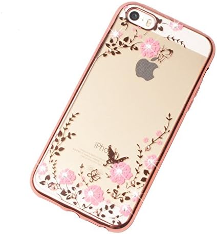 iPhone 5/5S/5SE Case,Soft Case Cover,Clear TPU Cover with Glitter Bling Zircon and Flowers for Apple iPhone 5 5S 5SE (Rose Gold + Pink Flower)