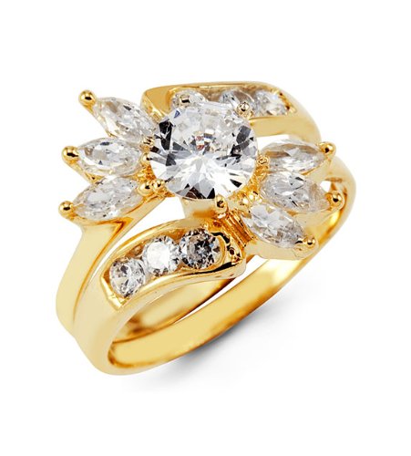 14k Yellow Gold Marquise Round CZ Wedding Rings Set