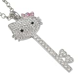 BIG Bling Iced Out Crystal Kitty Large Heart Key Necklace with Pink Bow