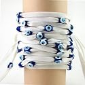 White Velvet Evil Eye Wrap String Bracelet, Blue Beads