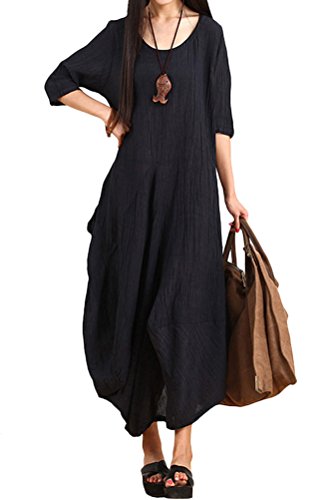 Mordenmiss Women's Summer New Half Sleeves Irregular Linen Dress with Back Pocket