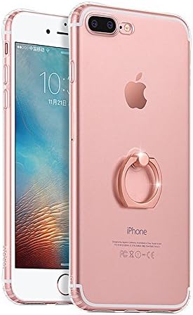iPhone 7 Plus Transparent TPU Case - Corner Bumper Design Soft Shell,Anti collision Design,with Metal Ring Buckle Bracket Mobile Phone Ring Rose Gold
