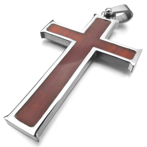 Men's Stainless Steel Wood Pendant Necklace Silver Brown Cross Polished -with 23 inch Chain