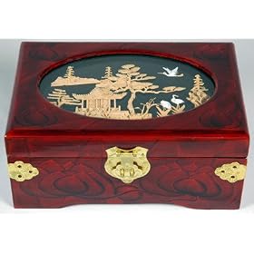 Inexpensive Simple Beautiful Gifts - 8" Lacquered Lined Oriental Jewelry Box w/ Cork Carving Top