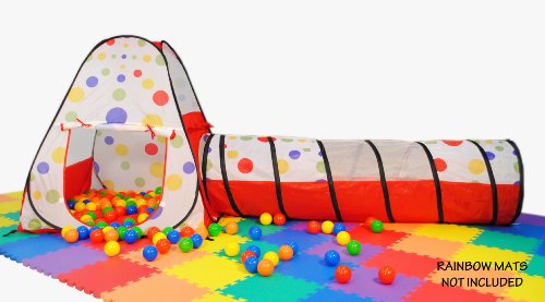 Easy Twist Polka Dot Theme Teepee Pop-up Play Tent House w/ Tunnel & 100 Play Ball w/ Tote Bag