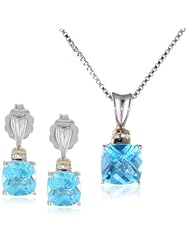 S&G Sterling Silver and 14k Gold Blue Topaz Pendant Necklace and Earrings Set