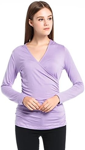 Cotase Women's V Neck Long Sleeve Double Layers Blouse Tunic Tops M-Purple