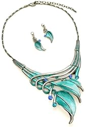 PammyJ Silvertone Aqua Blue Leaf Statement Necklace and Earrings Set, 16" + 3" Ext.