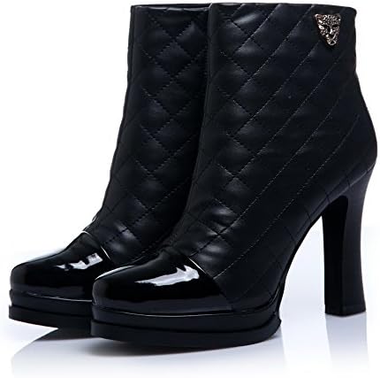 WeenFashion Womens Round Toe High Heels PU Solid Boot with Metal Tiger Head, Black, 4.5 B(M) US