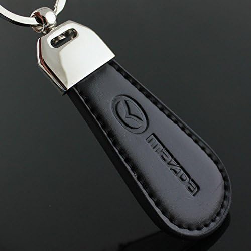 3D Waterdrop Shape Keychain Logo Metal Faux Black Leather Brief Type Key Ring Male Alloy Circle Auto Car Emblem Key Chain (Mazda)