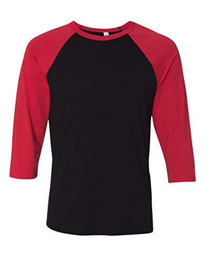Bella 3200 Unisex 3 By 4 Sleeve Baseball Tee - Black & Red, Extra Large