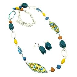 Blue and Yellow Oval Link and Stone Necklace Earring Set Fashion Jewelry