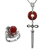 Good Luck Red Jade Sterling Silver Pendant Necklace & Fortune, Luck, Health and Longevity Chinese Symbol Ring Set 18"